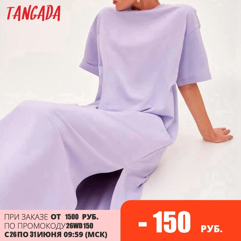 

Tangada 2021 Women Elegant 95% Cotton Sweatshirt Dress Oversized Short Sleeve Side Open Ladies Midi Dress 6L60