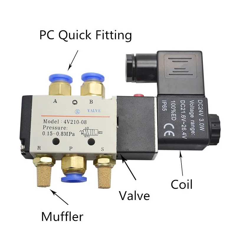 1PC Pneumatic Electric Solenoid Valve 5 Way 2 Position Control Air Gas Magnetic NO+NC 12/24/220V 4mm-12mm Hose Fittings Muffler |
