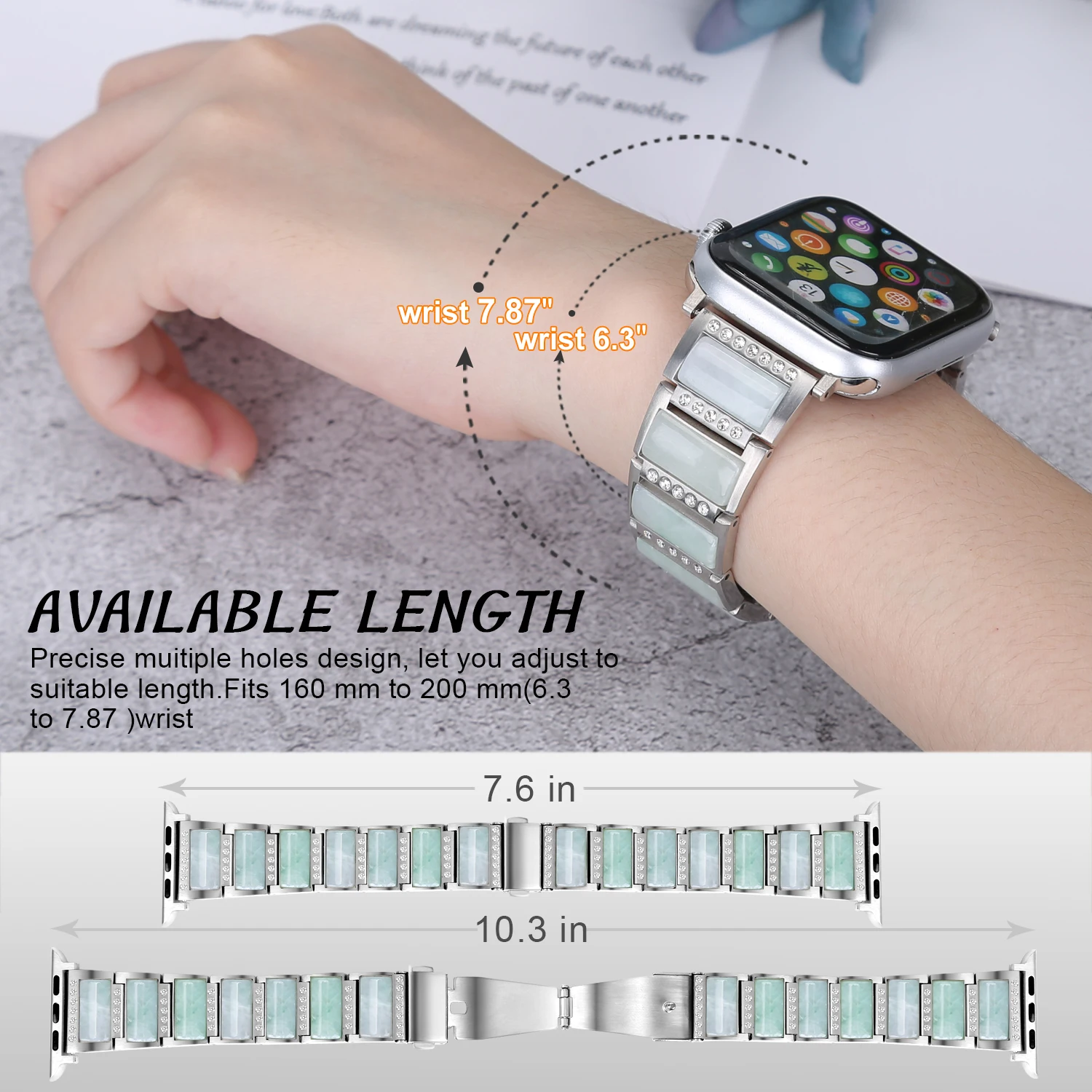 

Natural Jade Stainless Steel Watchband for apple watch SE/6/5/4/3/2/1 Fashion Bling Jewelry Bracelet