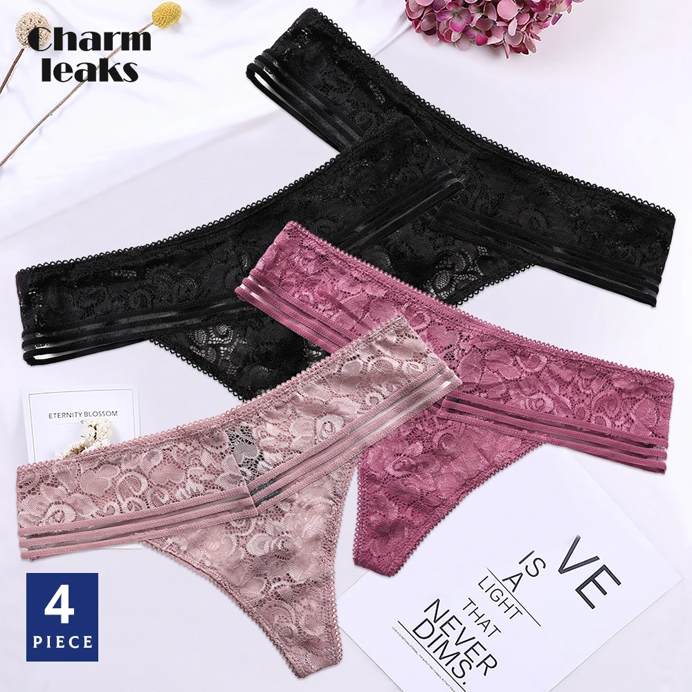 

Charmleaks Women's Underwear Pack of 4 Panties Hollow-out Thong Briefs Lace String Tanga Soft Sexy Transparent lingerie