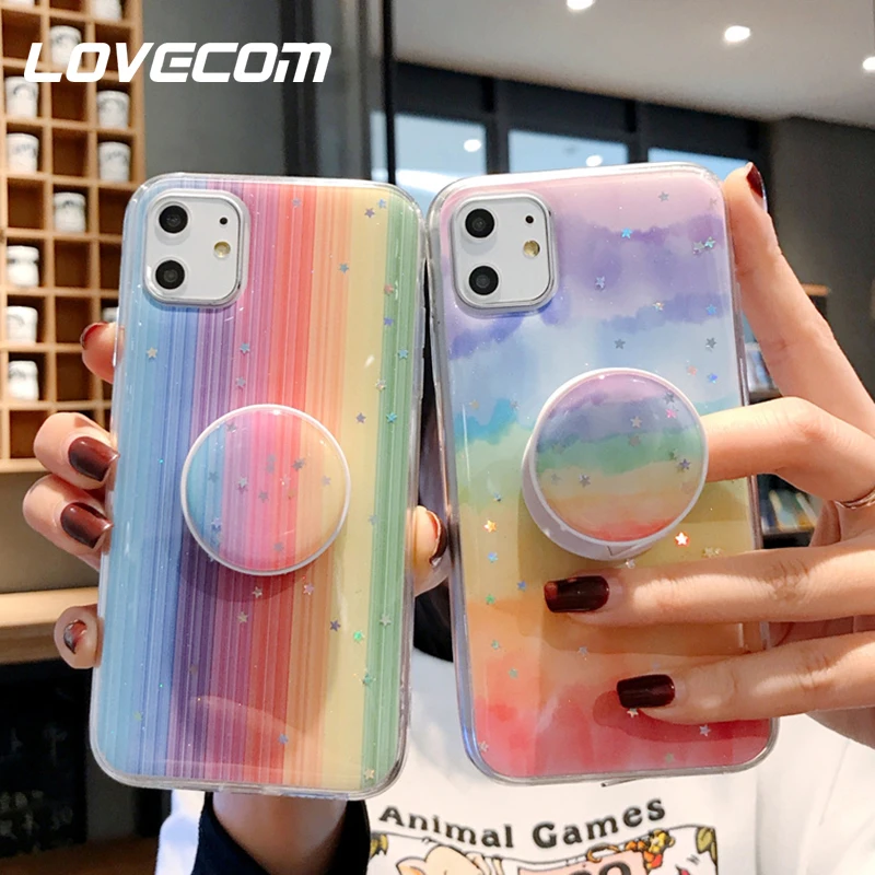 Чехол для телефона LOVECOM с градиентом Радужный блестками и держателем iPhone 12 Mini 11 Pro