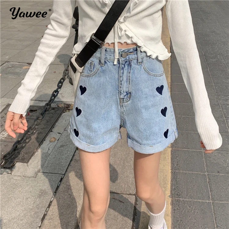 

Heart print cotton Women's High Waist Denim Shorts Ripped Hollow Out Hole Streetwear Plus Size blue Jean 2021 New Fashion Summer