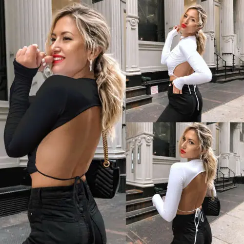 Женская Сексуальная футболка с открытой спиной в стиле Харадзюку Топ длинным