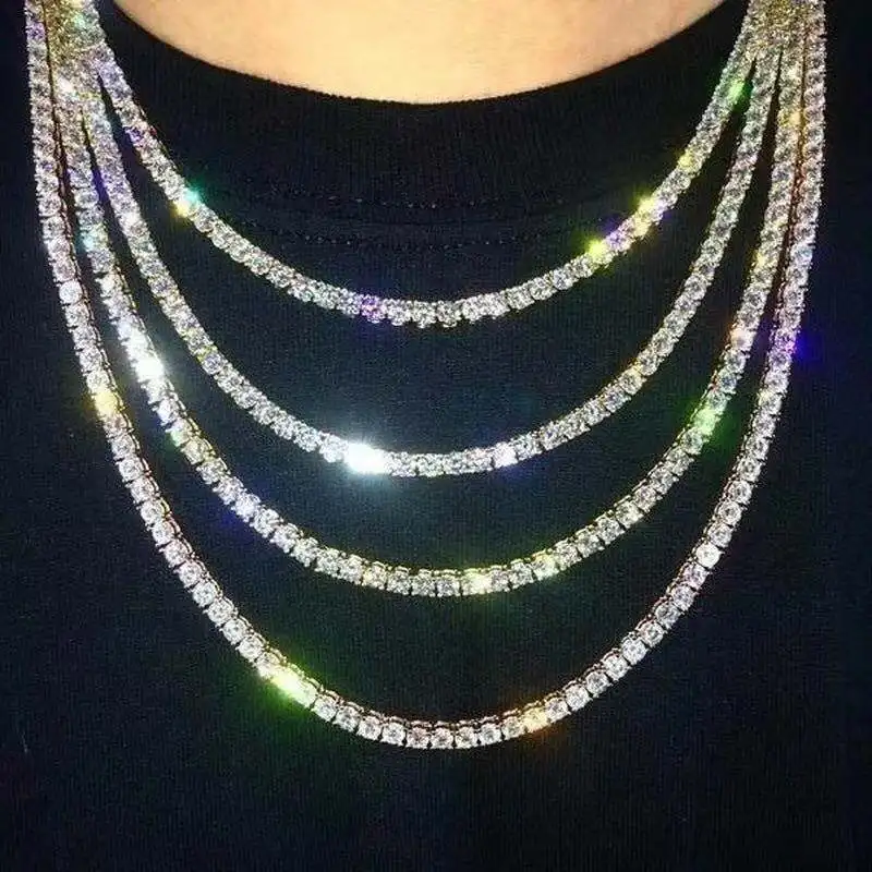 

Trend Hip Hop Rhinestone Necklace Men's Chain Necklaces Luxury Iced Out Bling Full Single Row Crystal Zircon Jewelry Accessories