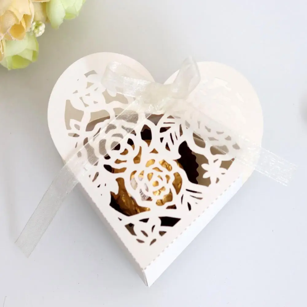 

100 Pcs Love-heart Laser Cut Candy Sweets Multicolor Gift Box Ribbon Wedding Party Favor
