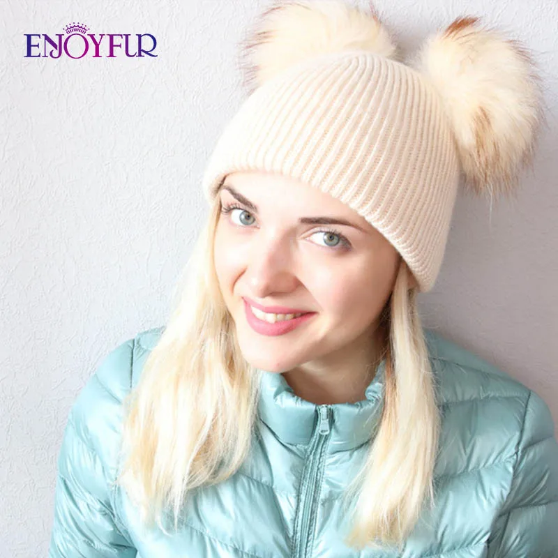 Женские шапки с двумя помпонами ENJOYFUR, мягкие теплые шапки с помпонами из натурального меха, для зимы