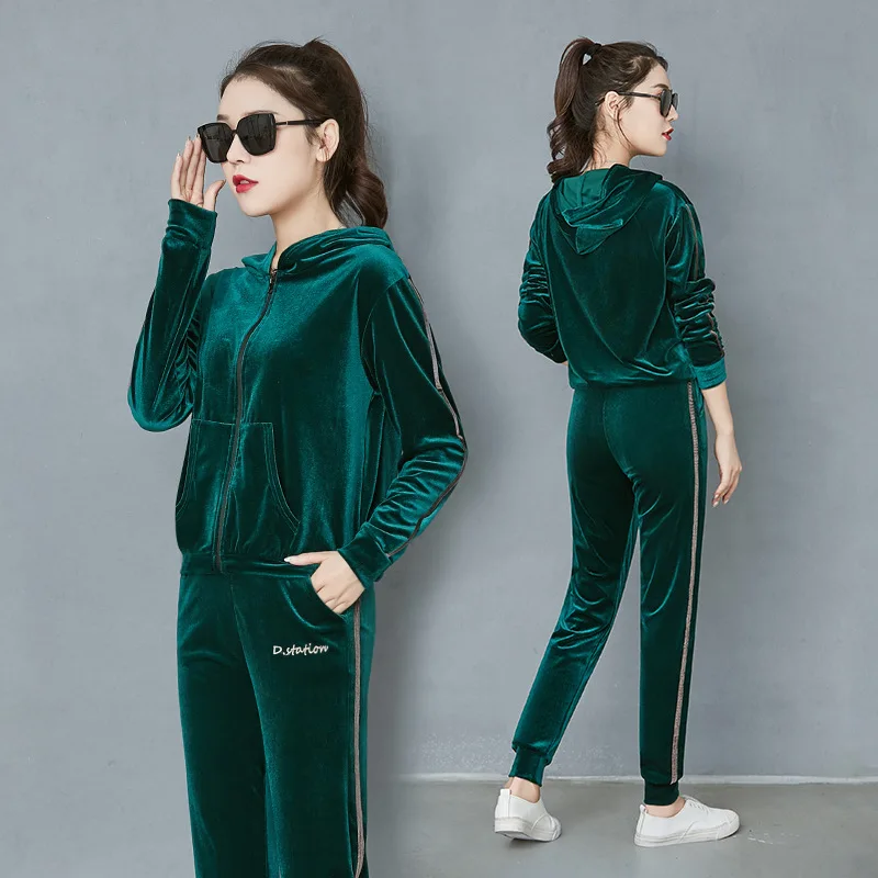 Green jacket small Осенняя и зимняя женская куртка спортивная модная повседневная мягкая велюровая Толстовка комплект из 2 предметов пуловер с длинными рукавами спортивные костюмы - Цвет: Green jacket small
