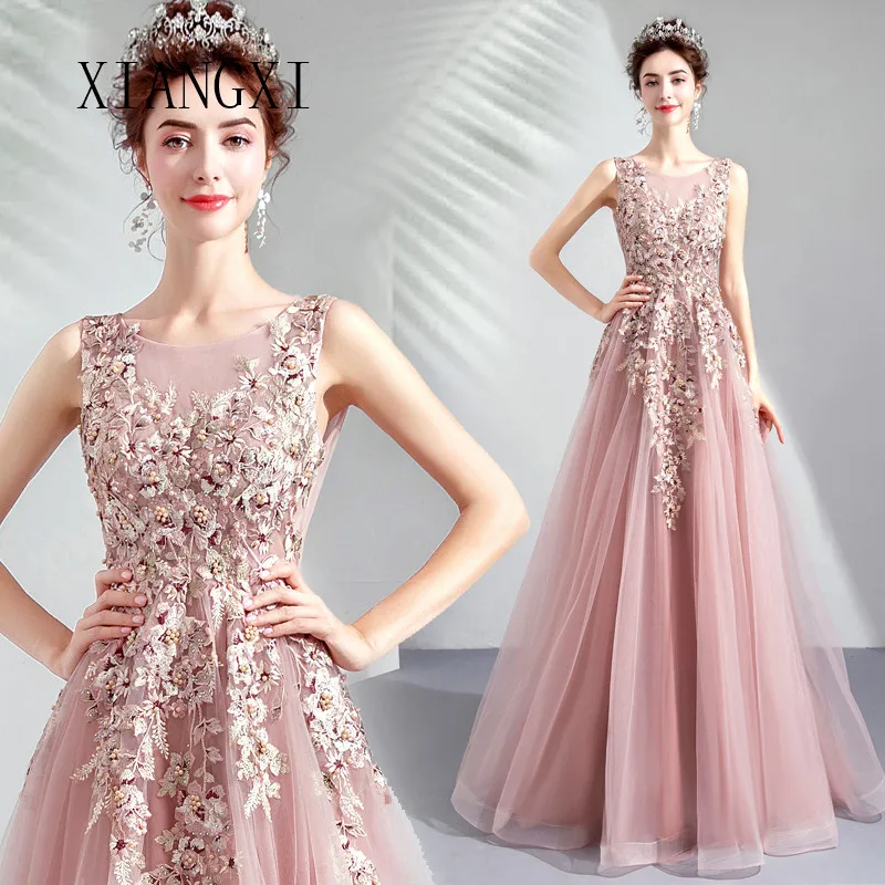 

Elegant Blush Evening Dresses Long Tulle A-Line Jewel Neck Sleeveless Lace Appliques Formal Dress Evening Dress robe de soiree