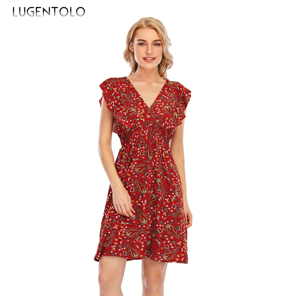 

Lugentolo Chiffon Dress Women Summer Beach Ruffle Sleeveless Dresses Female Casual V-neck Print Thin Street Short Dress
