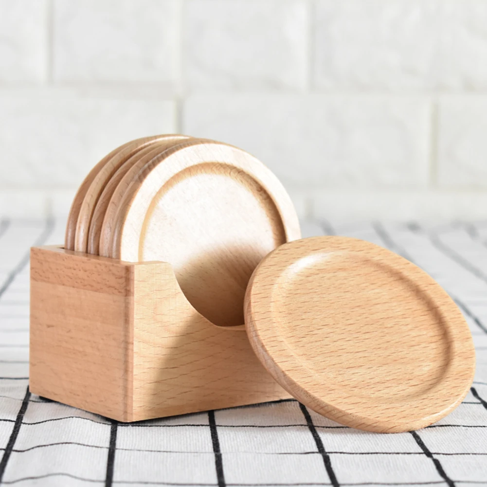 

Round Modern Wooden Cup Mat Set with Holder for Coffee Table Drinks Cup Pad Coaster Placemat Environmentally Friendly Bamboo