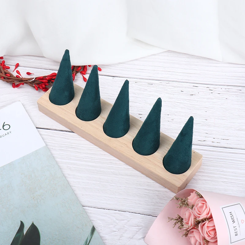 

2021 New Natural Wooden Cone Shape Finger Ring Stand Jewelry Display Holder Showcase Display Stands Rings Bracelet Jewelry Tray