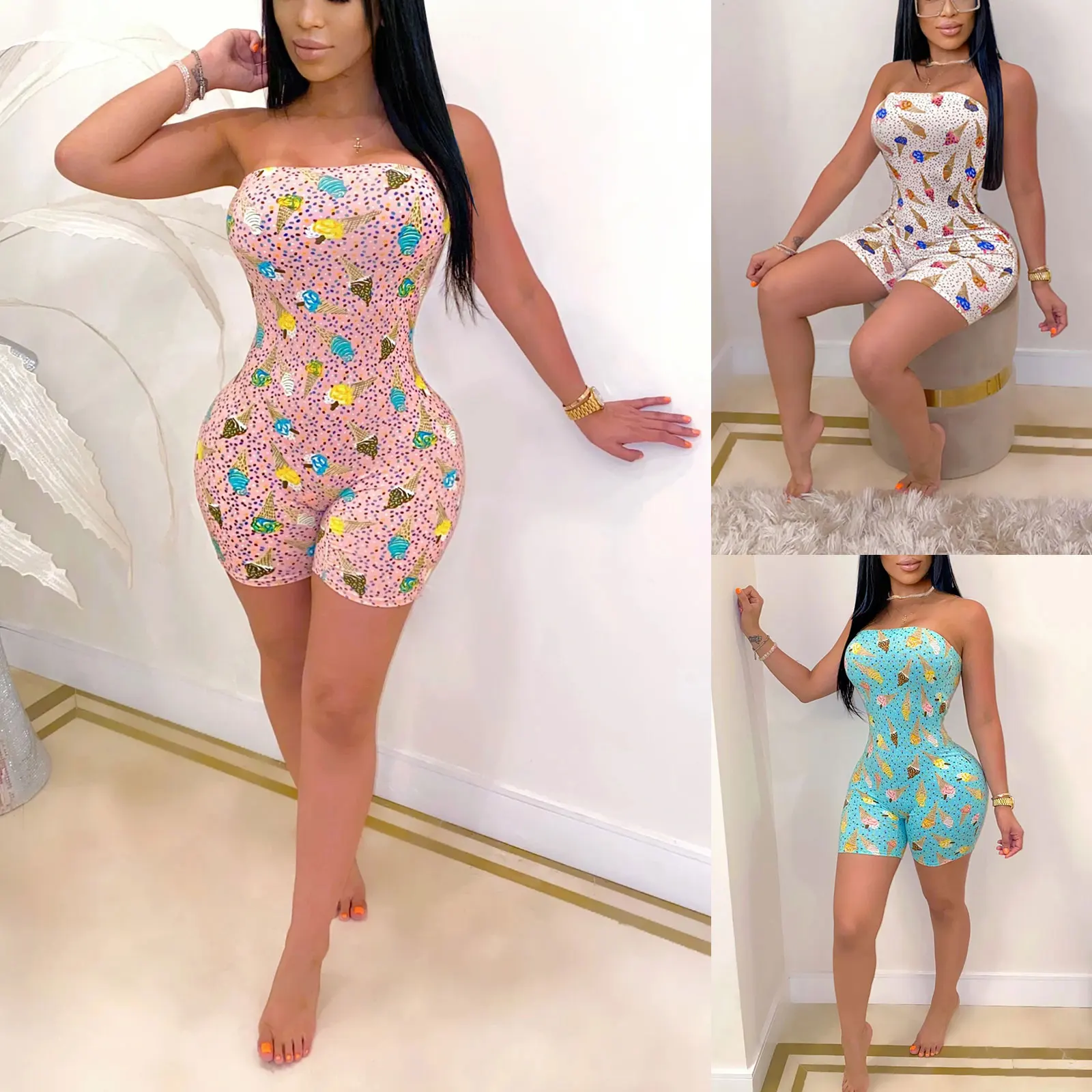 

Women’s Sexy Strapless Slim Fit Jumpsuit Fashion Ice Cream Printed Off-Shoulder Bottoming Bodysuit New Style 2021