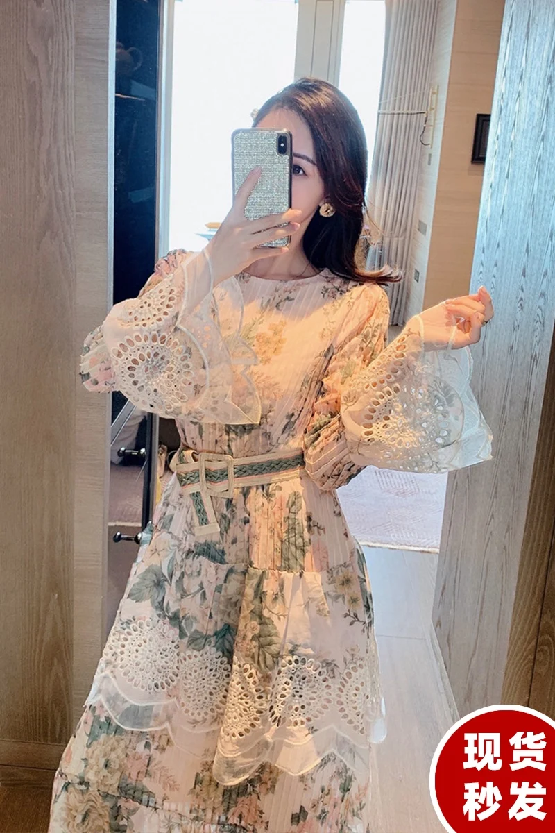 

Women's Sexy Elegant Printing Flare-Sleeved with Belt Lace Ruffled Patchwork Dress Fashion All-match A-line Cake Dress