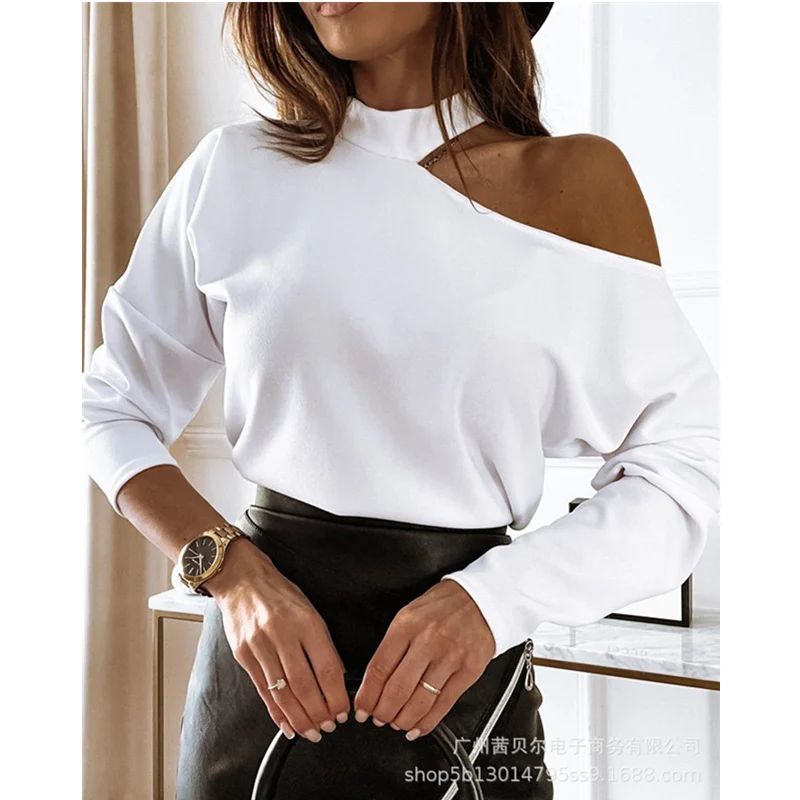 

WEPBEL Women's Elegant Shirt Top Ladies Autumn Fashion Long Sleeve One Shoulder Straight T-shirt