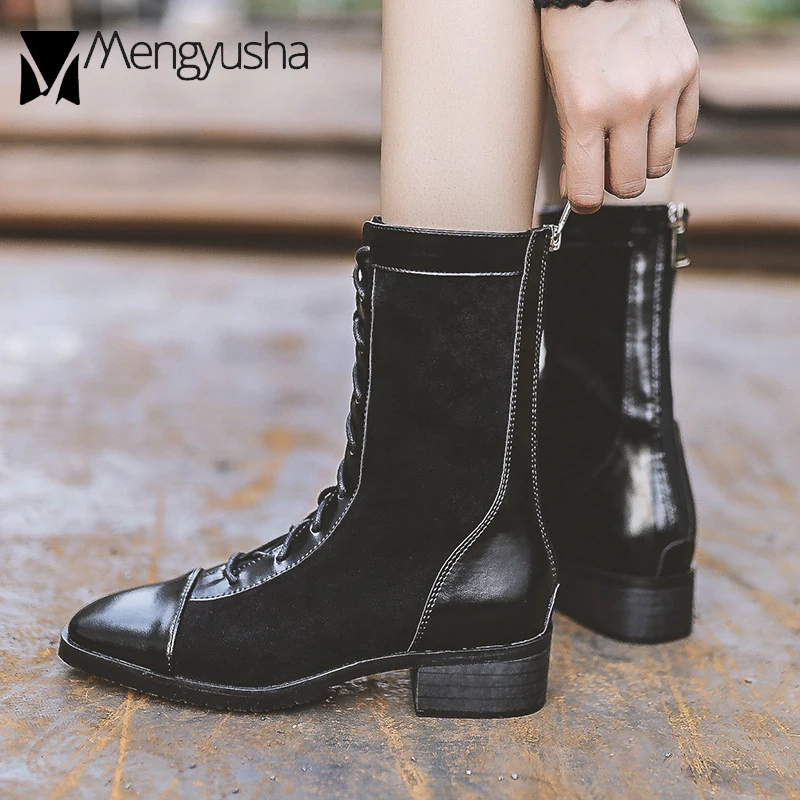 Женские мотоциклетные ботинки со шнуровкой до середины икры из искусственной