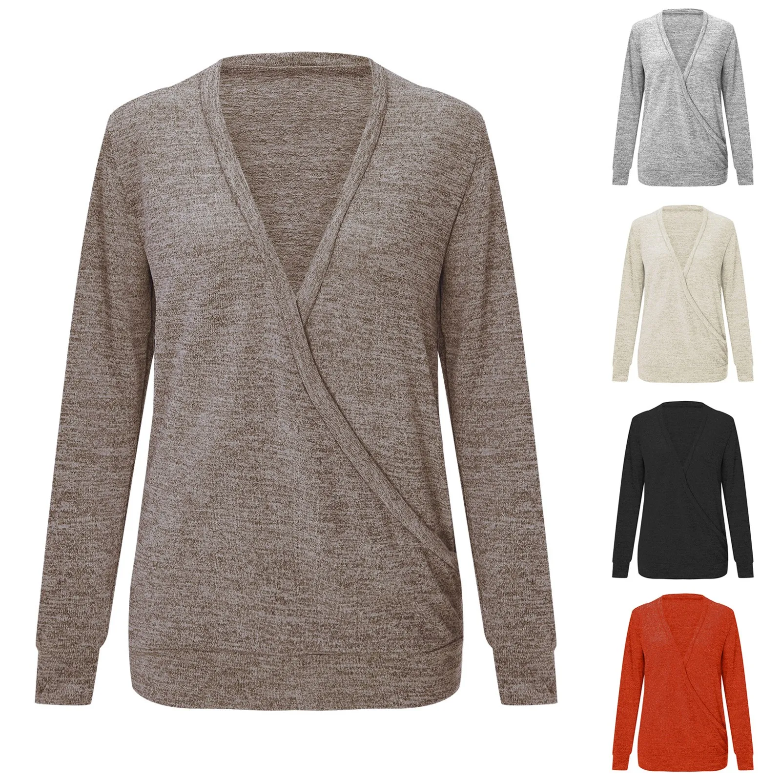 

Футболка женская однотонная с длинным рукавом и V-образным вырезом