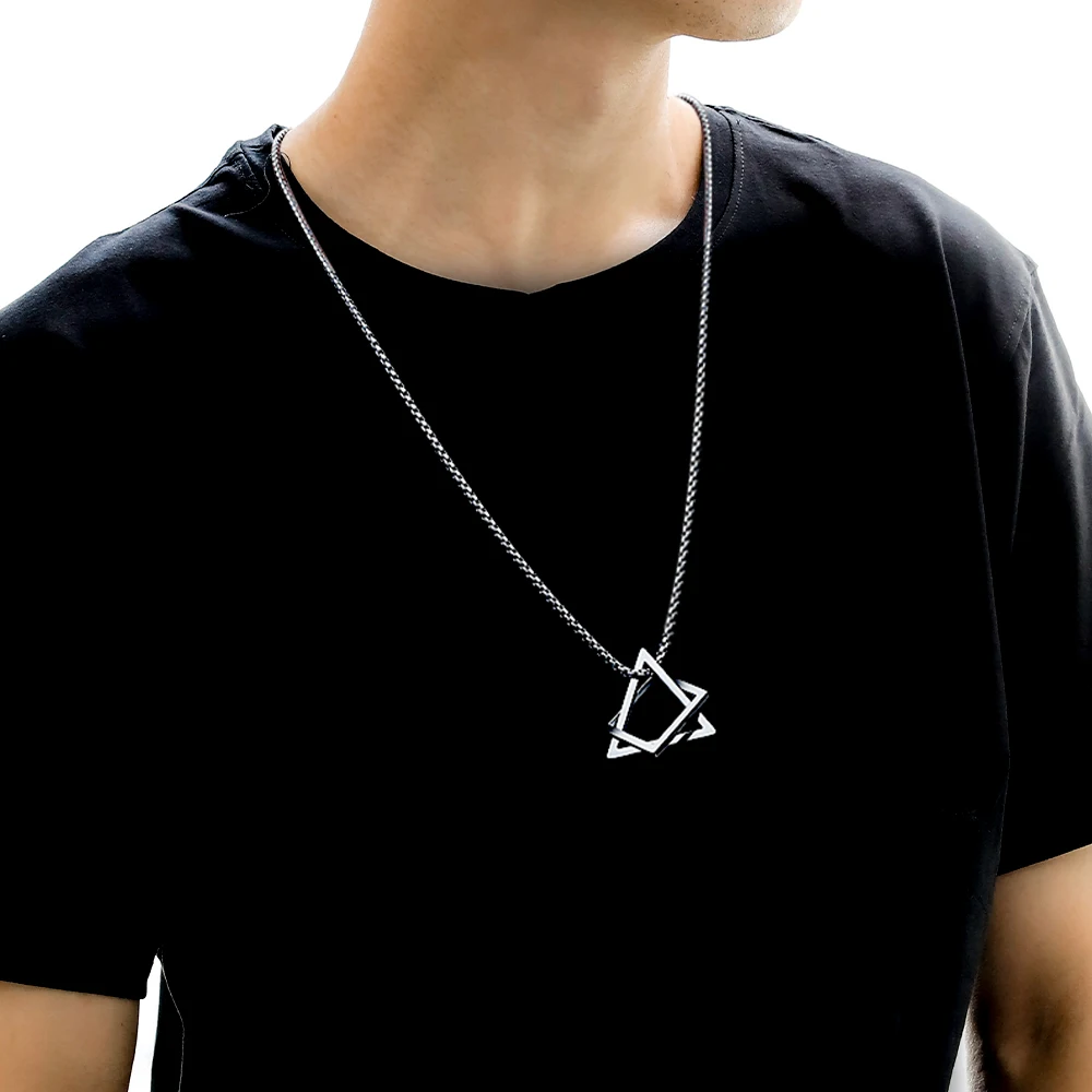 

Geometry Interlocking Square Triangle Male Pendant Charm For Men Steel Dangle Modern Fashion Trendy Streetwear Chain Necklace