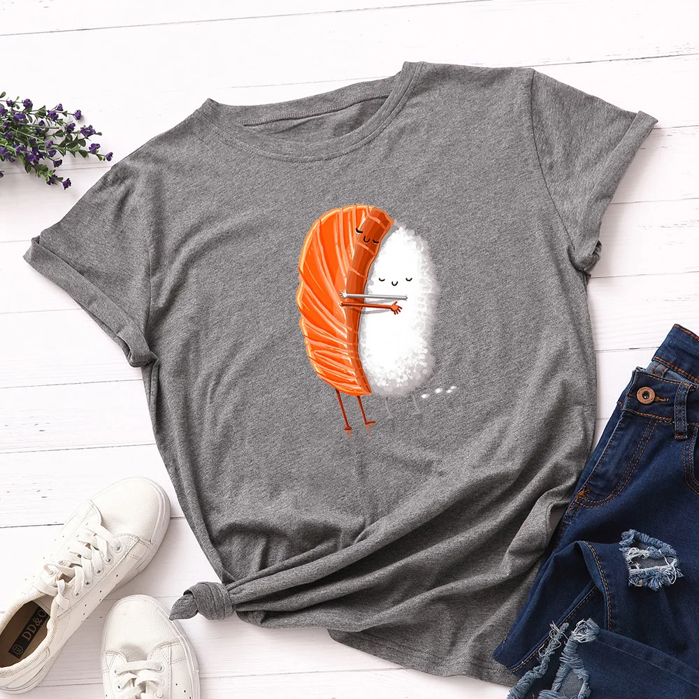 

Футболка женская с принтом суши-объятий, модная смешная Хлопковая женская Футболка Harajuku, уличная одежда