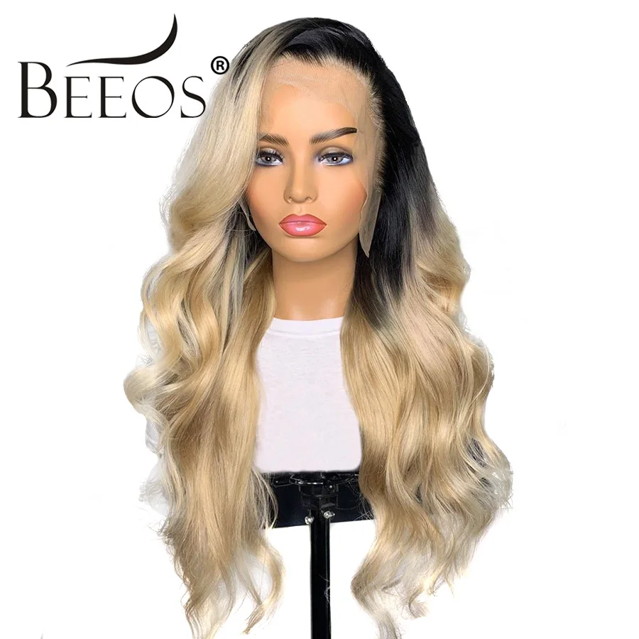 Beeos Glueless Ombre 1b 613 блонд 13*4 человеческие волосы на кружеве парики бразильские объемные волнистые парики на фронте шнурка предварительно сорванные Remy
