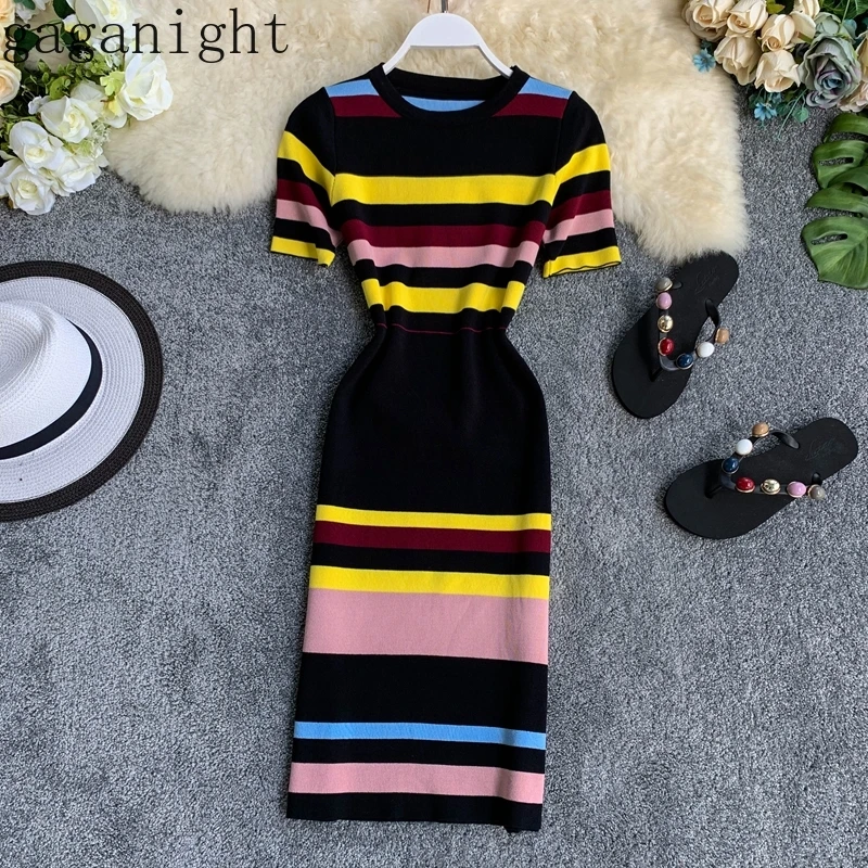 Gaganight женское облегающее платье летнее модное Полосатое трикотажное с коротким