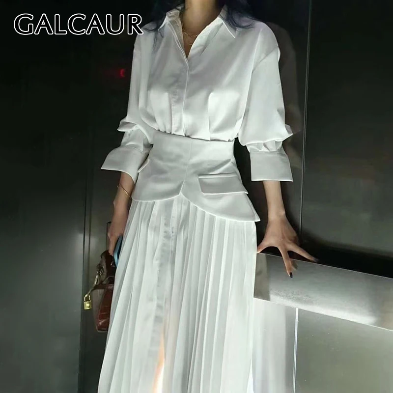 

GALCAUR Solid Pleated Dress For Women Lapel Long Sleeve High Waist Patchwork Minimalism Dresses Female 2021 Clothing Fashion New