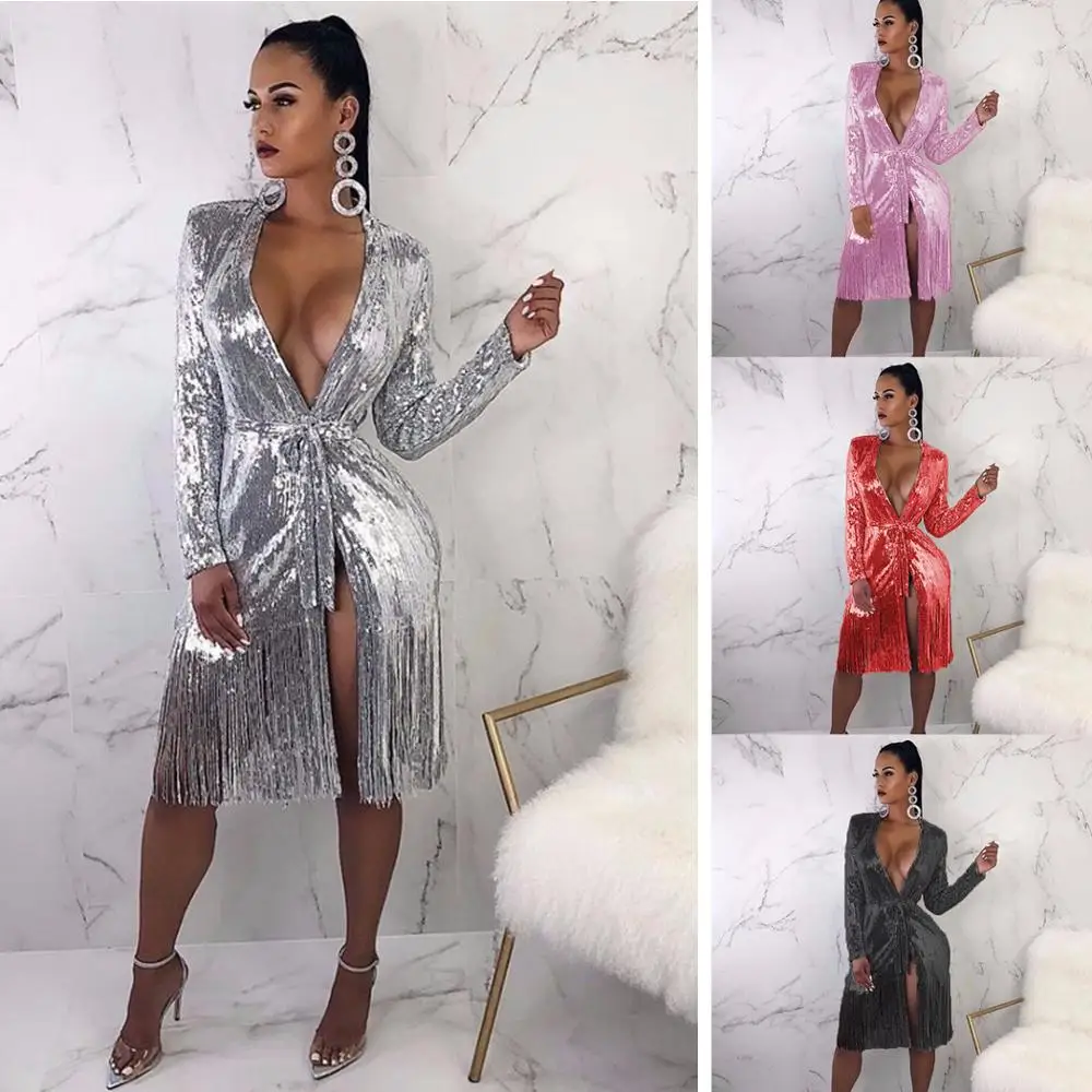 Женское блестящее платье с кисточками сексуальные платья v-образным вырезом и