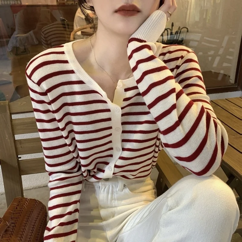 

Striped Knitted Cardigan Women's Clothes 2021 New Early Autumn Korean Style Chic Thin Sweater Coat Long Sleeve Top Kio