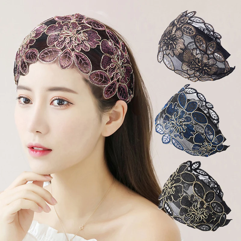Кружевная повязка на голову с цветами широкая Женская зубчатая Нескользящая