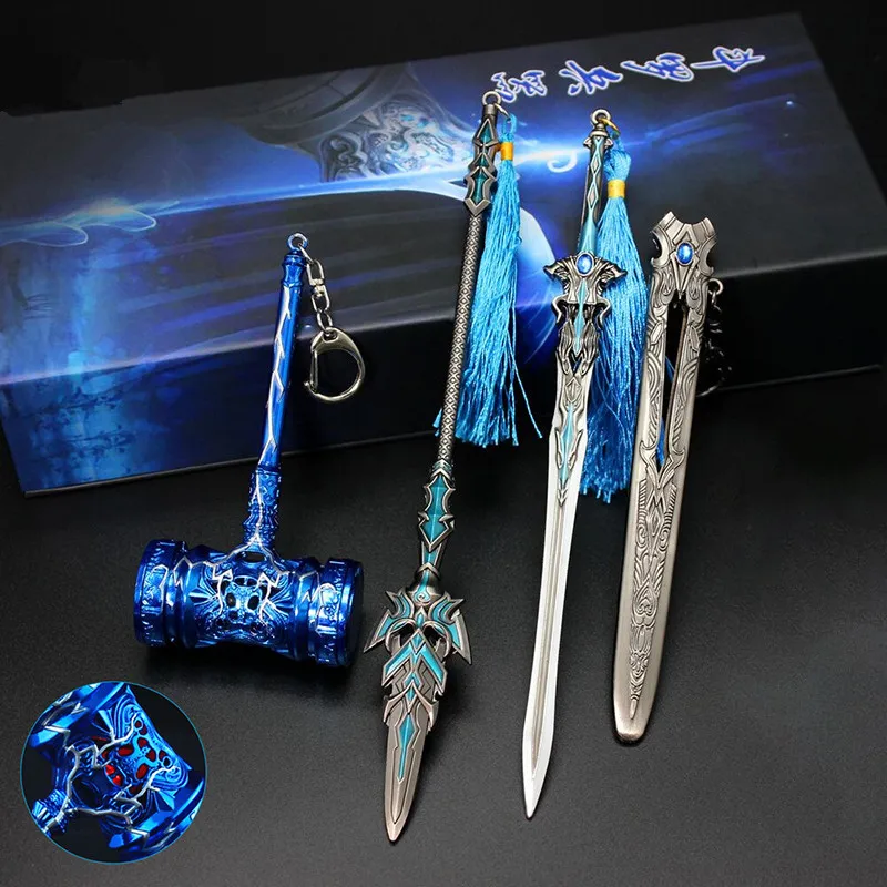 22cm Doula Continent Sword Set Genji Clear Hammer Gun Swords Alloy Keychain Weapon Model Collection Toys for Children Gift
