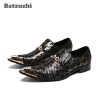batzuzhi italy style mens shoes pointed metal tip genuine leather dress shoes men black zapatos hombre slip on formal business