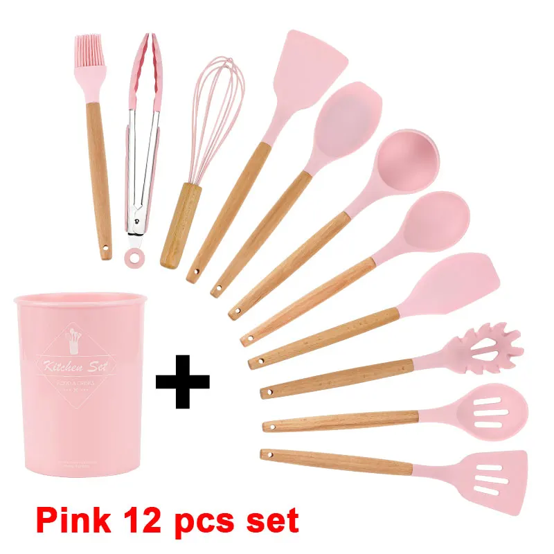 Pink 12 pcs set Набор кухонных силиконовых кухонных принадлежностей с антипригарным шпателем лопата с деревянной ручкой набор кухонных инструментов с ящиком для хранения кухонные инструменты - Цвет: Pink 12 pcs set