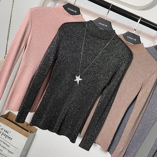 Black Gaganight люрекс вязаный женский осенне-зимний пуловер Bling Lon рукава водолазка свитер женский однотонный тонкий элегантный топ - Цвет: Black