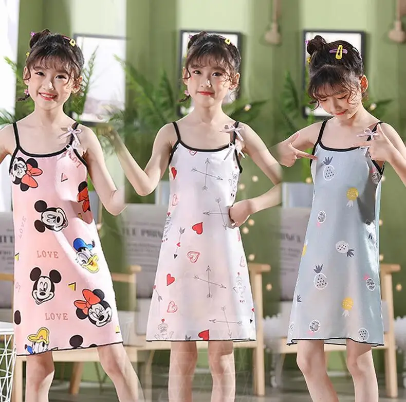 Летняя ночная рубашка для девочек с бантом на подтяжках атласное мягкое удобное