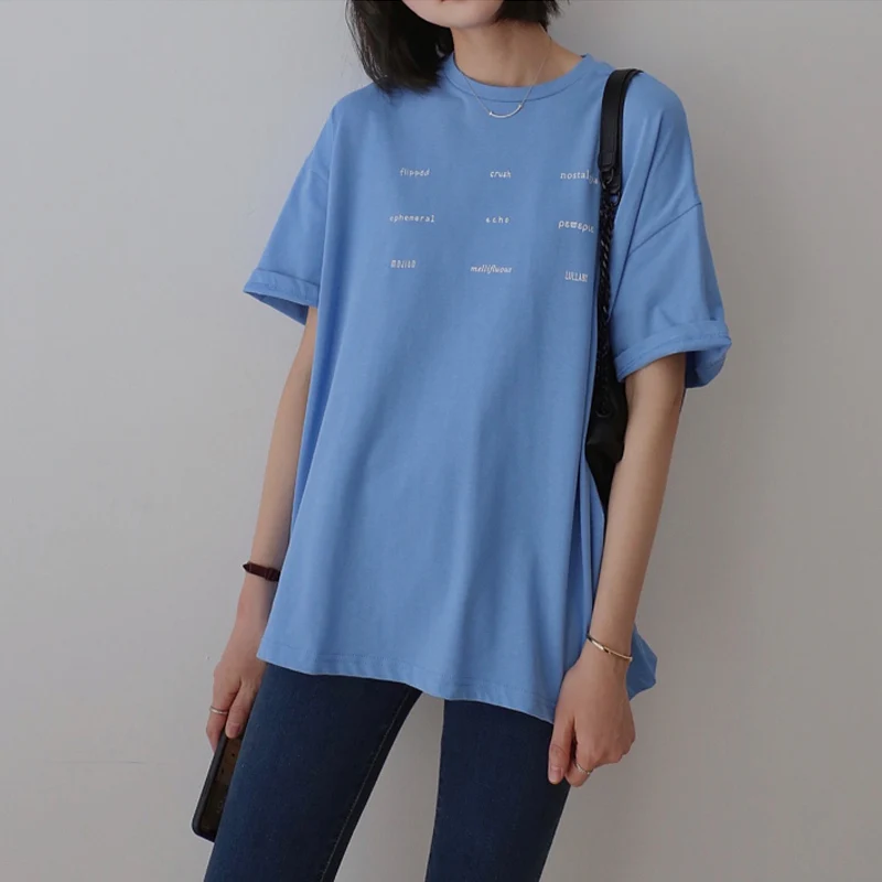 

Летние женские повседневные однотонные с буквенным принтом, с круглым вырезом; С короткими рукавами свободные футболки