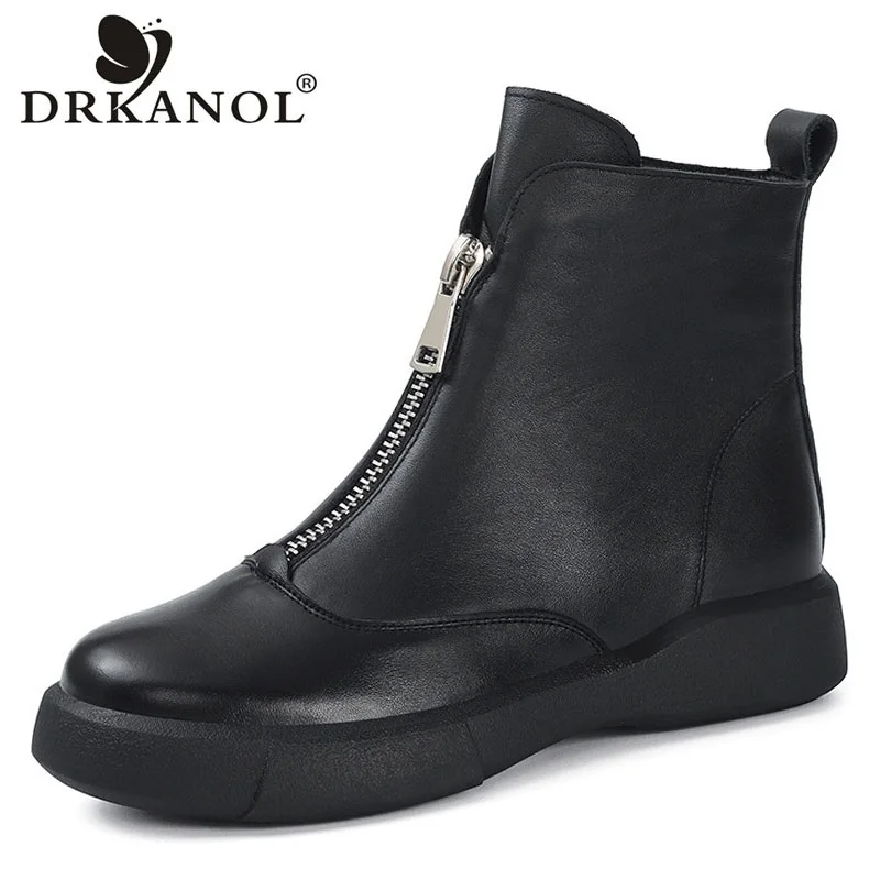 

DRKANOL British Style Women Winter Boots 100% Genuine Cow Leather Round Toe Front Zipper Chelsea Boots Comfort Trend Warm Shoes