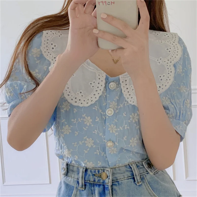 

Alien Kitty Lace Sweet Girls Casual Florals Printed Chic 2021 New Arrival Basic Summer Shirts Tops Loose-Fitting Blouses Blusas