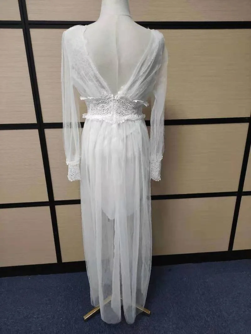 Женское винтажное платье-макси с длинным рукавом элегантное белое кружевное