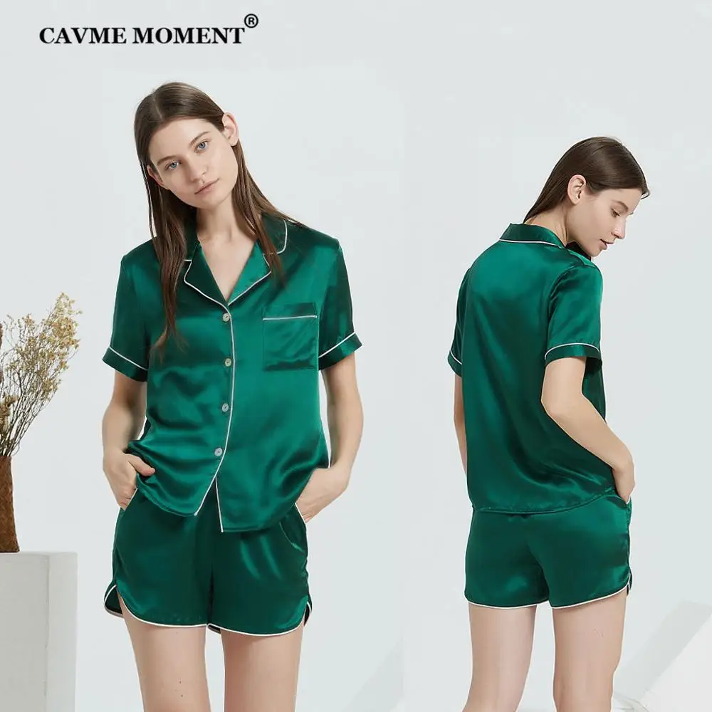 CAVME PLUS SIZE Silk Pajama Set for Women 100% Sleepwear 2 Pieces Short Sleeve Short Pants Solid Color Homewear Homeclothes