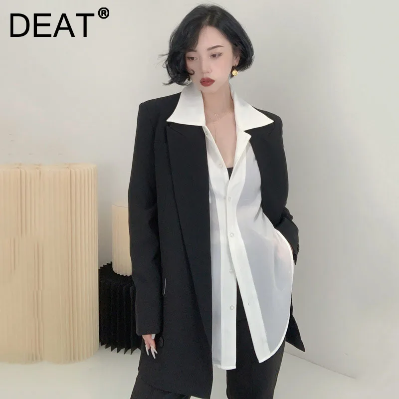

DEAT 2021 New Women Fashion Loose Black Lapel Long Sleeve Fake Two-piece Single breasted Lining Blazer Fit And Autumn 7E348