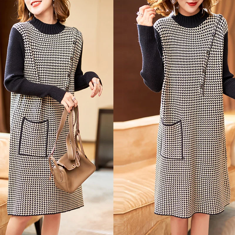 Женское трикотажное платье-свитер средней длины повседневный облегающий