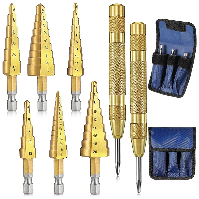 

8-Piece Step Drill Bit Set, 3 Metric and Inch Hexagon Shank HSS Step Drill Bits Each, and 2 Loading Center Punches