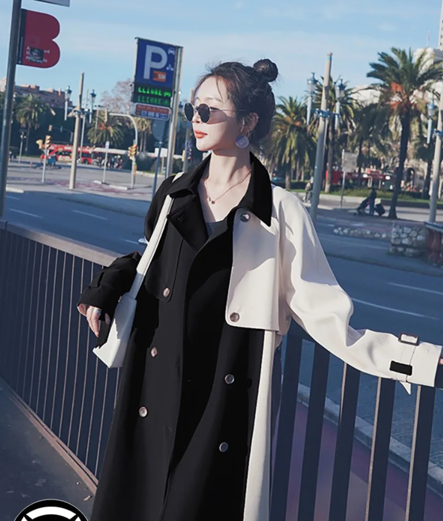 

Manteau Femme High-end Black Mid-length Windbreaker Women's 2021 Autumn Contrast Temperament Double-breasted Trench Long Coat