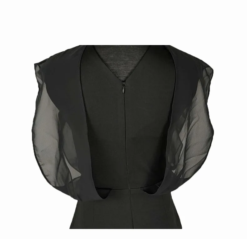 

BacklakeGirls 2020 New Elegant Stand Collar Sleeveless Caped Chiffon Cocktail Dress Fashion Slim Knee Length Black Office Dress