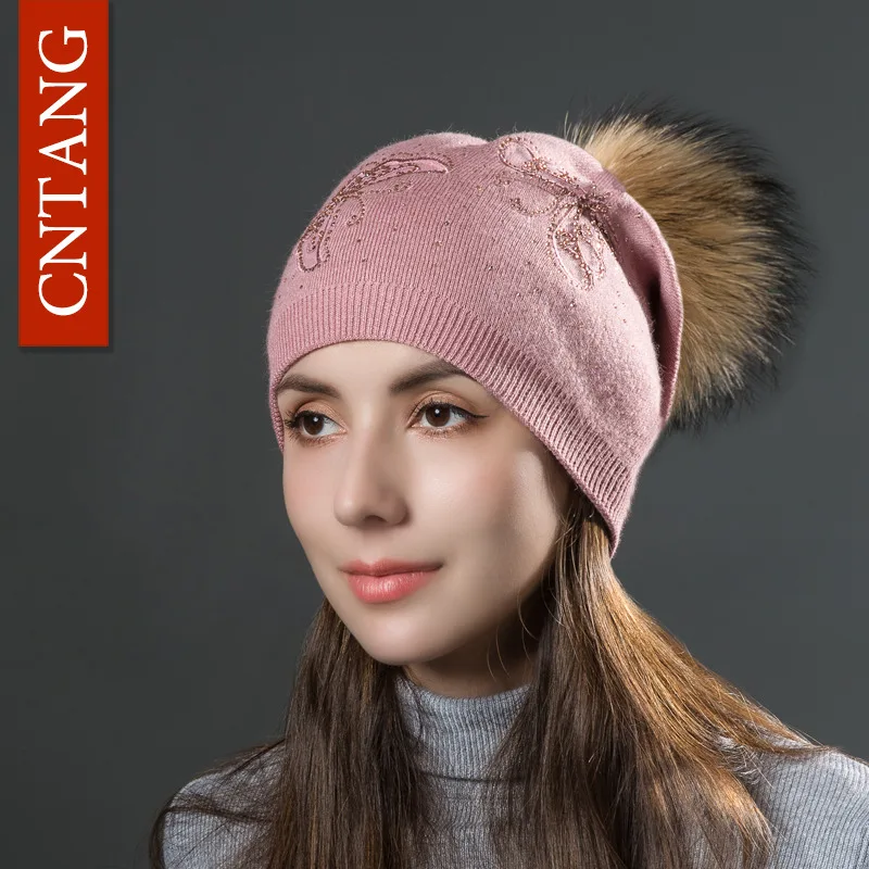 Множественные стили для женщин шляпа модная помпон из натурального меха енота