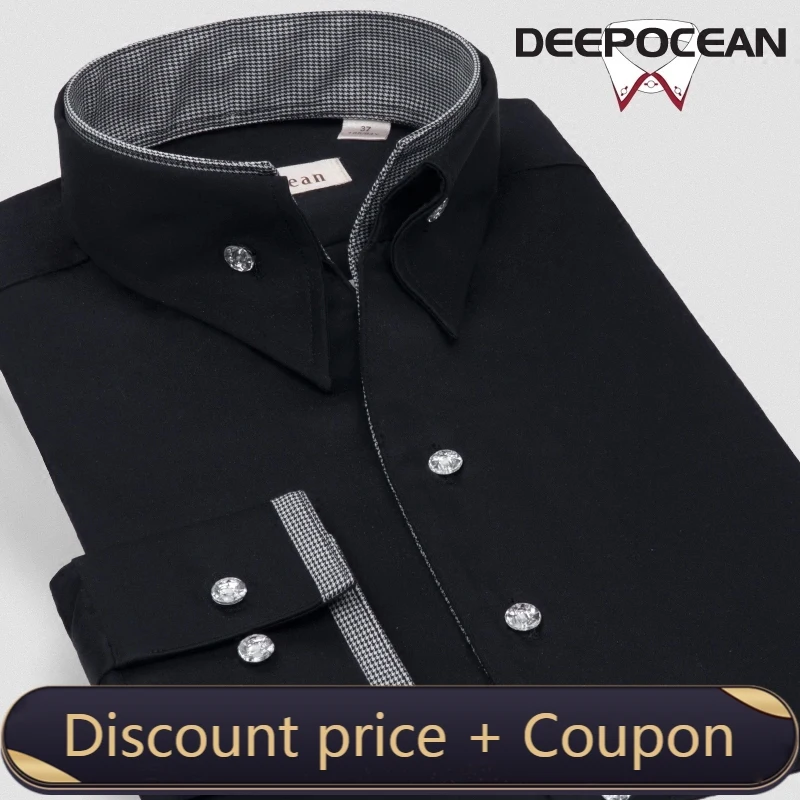 

DEEPOCEAN Pure Cotton V-neck Shirt Men's Long Sleeve Shirt Casual Business Mercerized Cotton Slim Korean Style Handsome