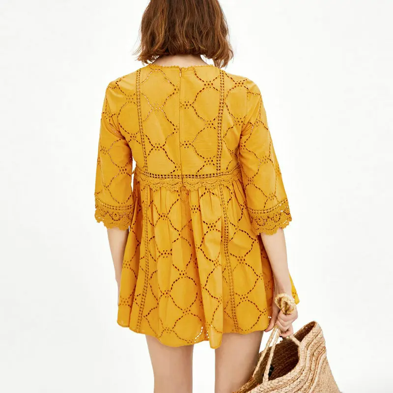 Женская ажурная блузка с вышивкой ZOGAA плиссированная рубашка рукавом три