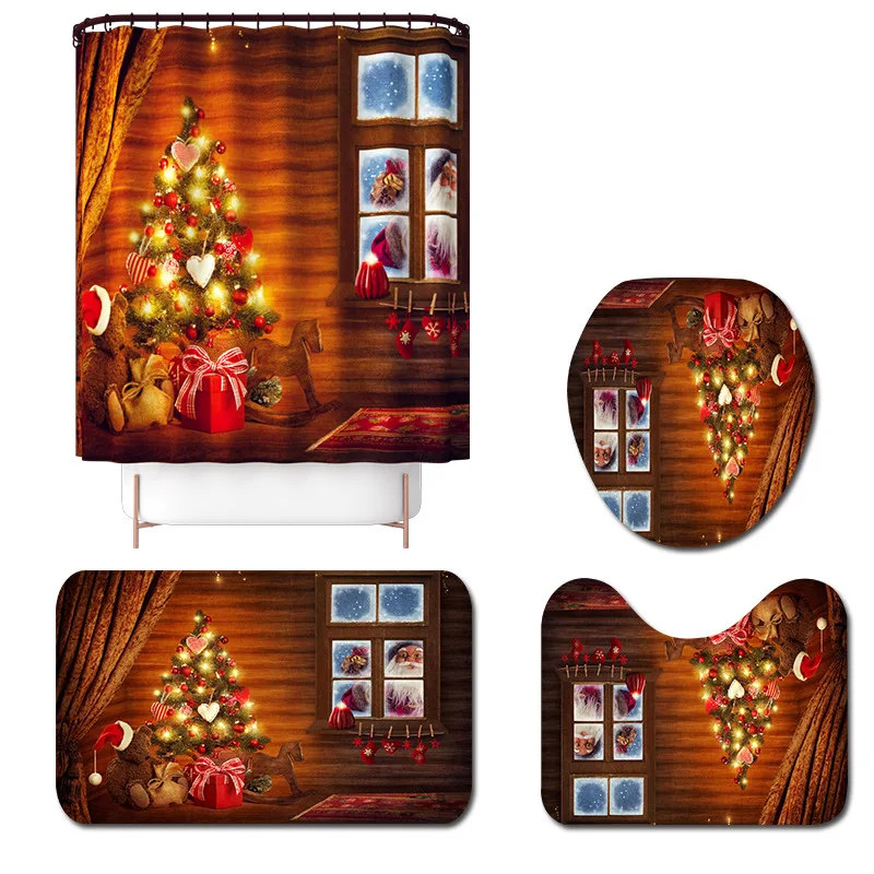 

Bath Mat and Shower Curtain Set for Christmas Non Slip Bathroom Carpet Toilet Rug Absorbent Christmas Carpet Rug