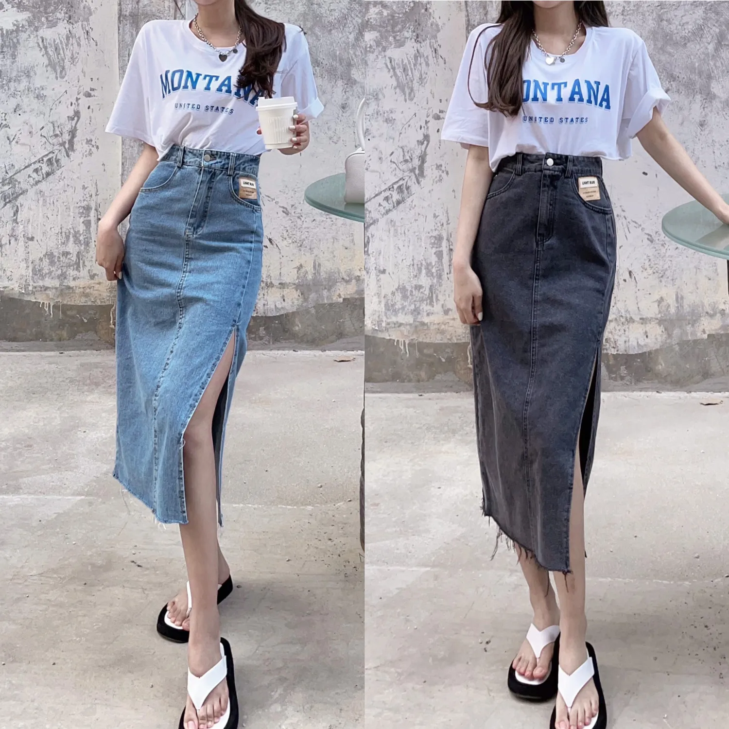 Укороченная футболка с буквенным принтом + юбка высокой талией и биркой разрезом