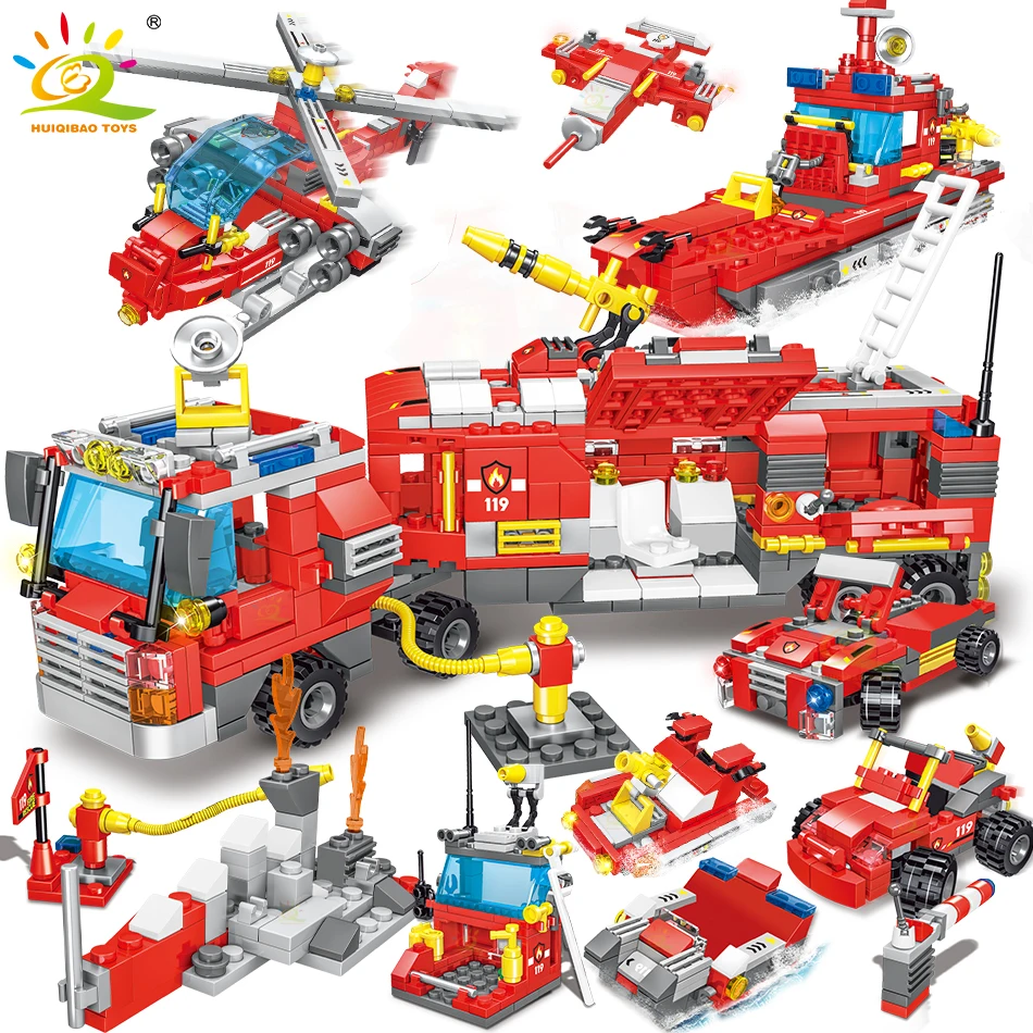 

HUIQIBAO 678pcs Fire Fighting 8in3 Trucks Car Helicopter Boat Building Blocks City Firefighter Figures Man Bricks Children Toys