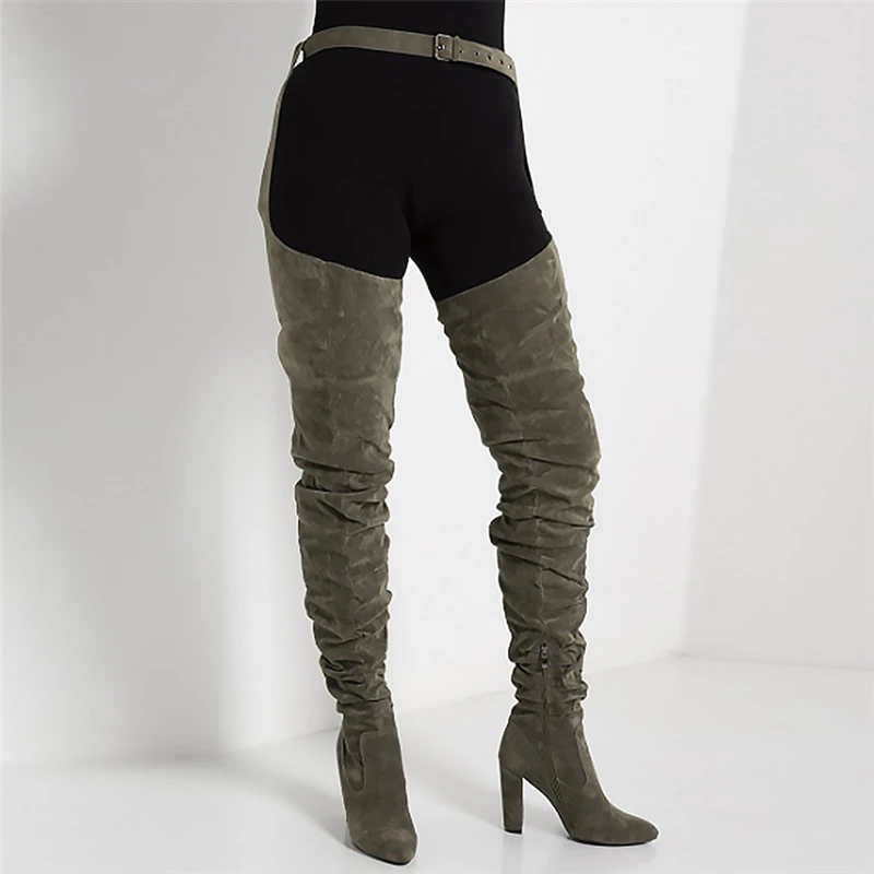Women Sexy Waist Strap Over Thigh Knee Boots Long High Block Thick Heels Bootie with Pointed Toe Suede Leather Shoes Botas